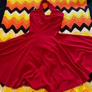 Red halter full skirt mini dress